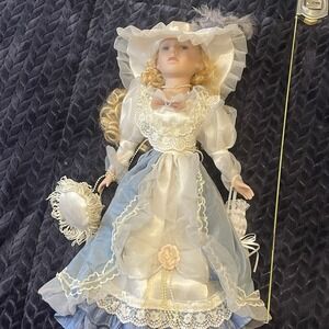 24" Victorian Porcelain Doll Blonde Hair w/Parasol